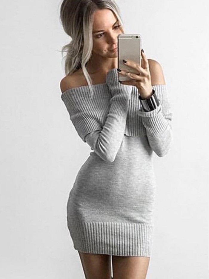 Gray/Black Lapel Collar Solid Color Bodycon Sweater Dress