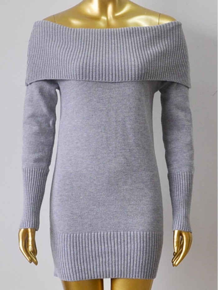 Gray/Black Lapel Collar Solid Color Bodycon Sweater Dress