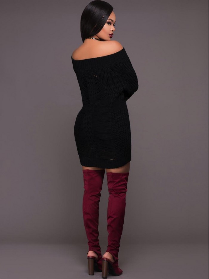 Fashion Black Off-Shoulder Knitted Sweater Dress