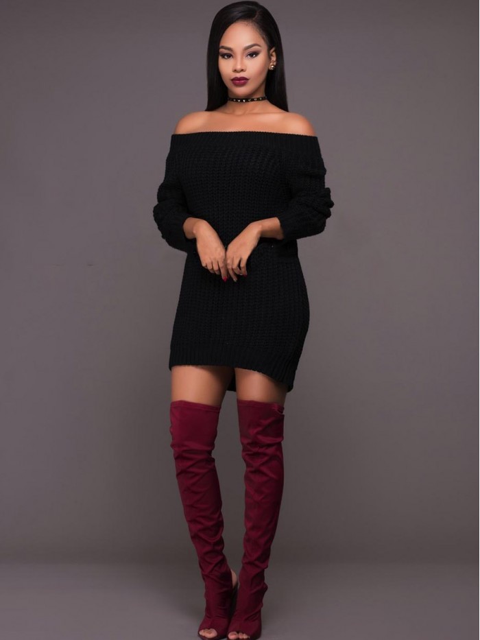 Fashion Black Off-Shoulder Knitted Sweater Dress