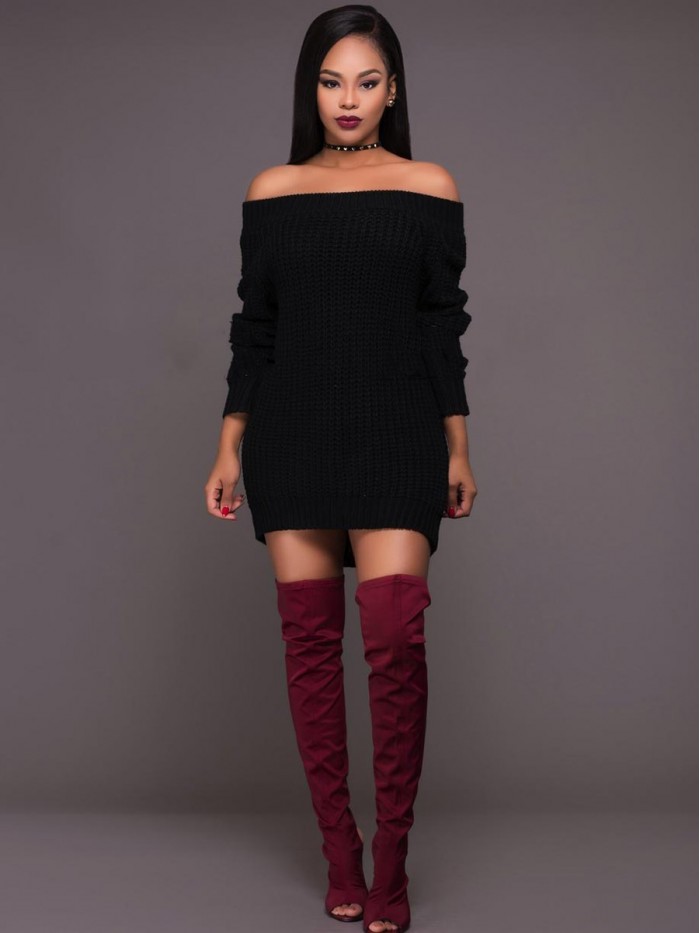 Fashion Black Off-Shoulder Knitted Sweater Dress