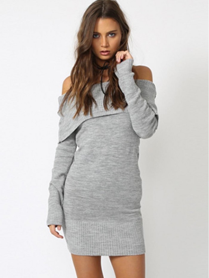 White/Black/Gray Off-Shoulder Plain Bodycon Sweater Dress