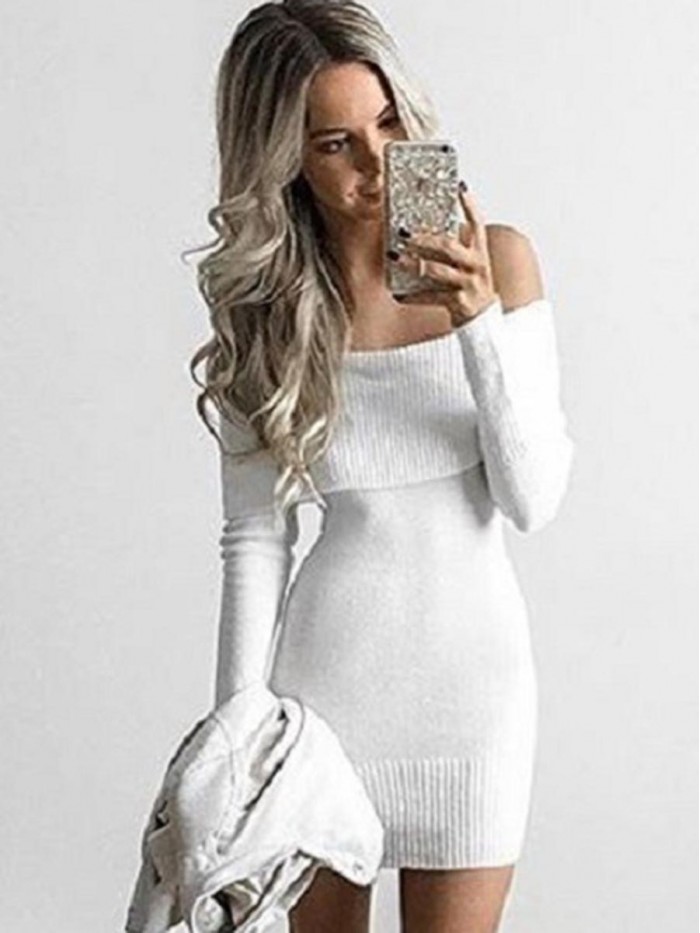 White/Black/Gray Off-Shoulder Plain Bodycon Sweater Dress