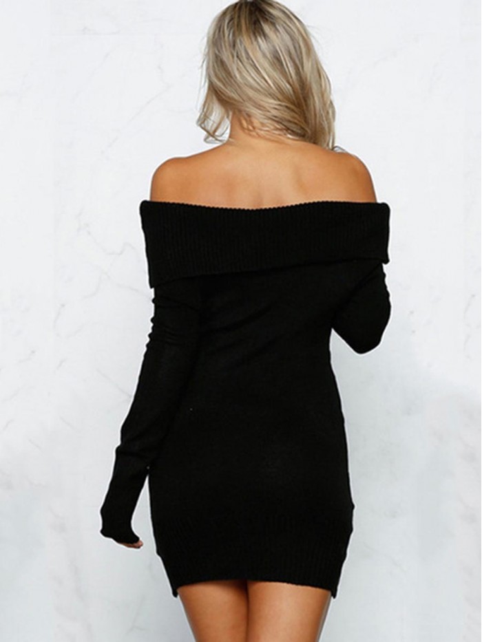 White/Black/Gray Off-Shoulder Plain Bodycon Sweater Dress