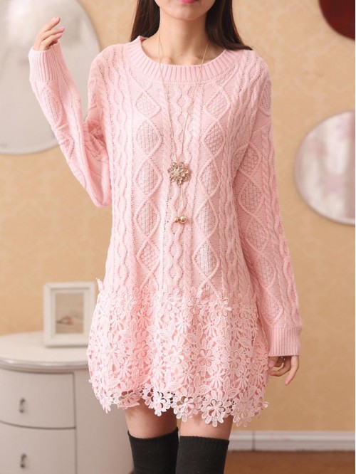 Pink Cute Lace Solid Color Long Sleeve Sweater Dre...