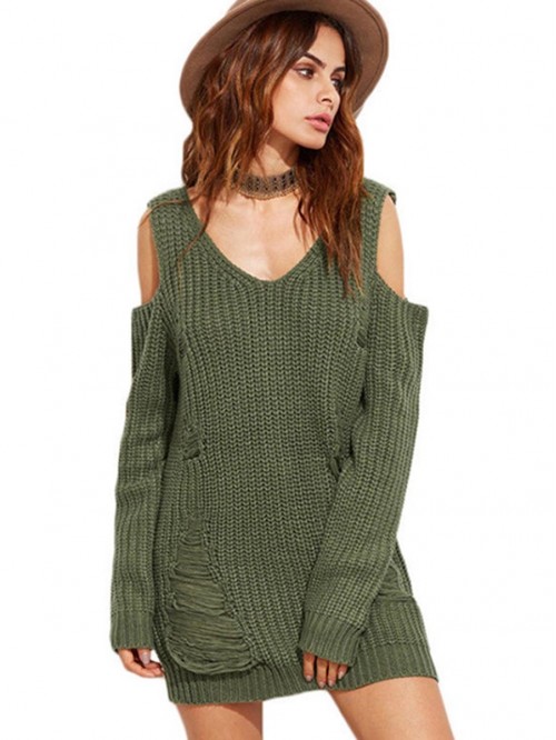 Pure Color Hollowed-Out Cold Shoulder Sweater Dres...