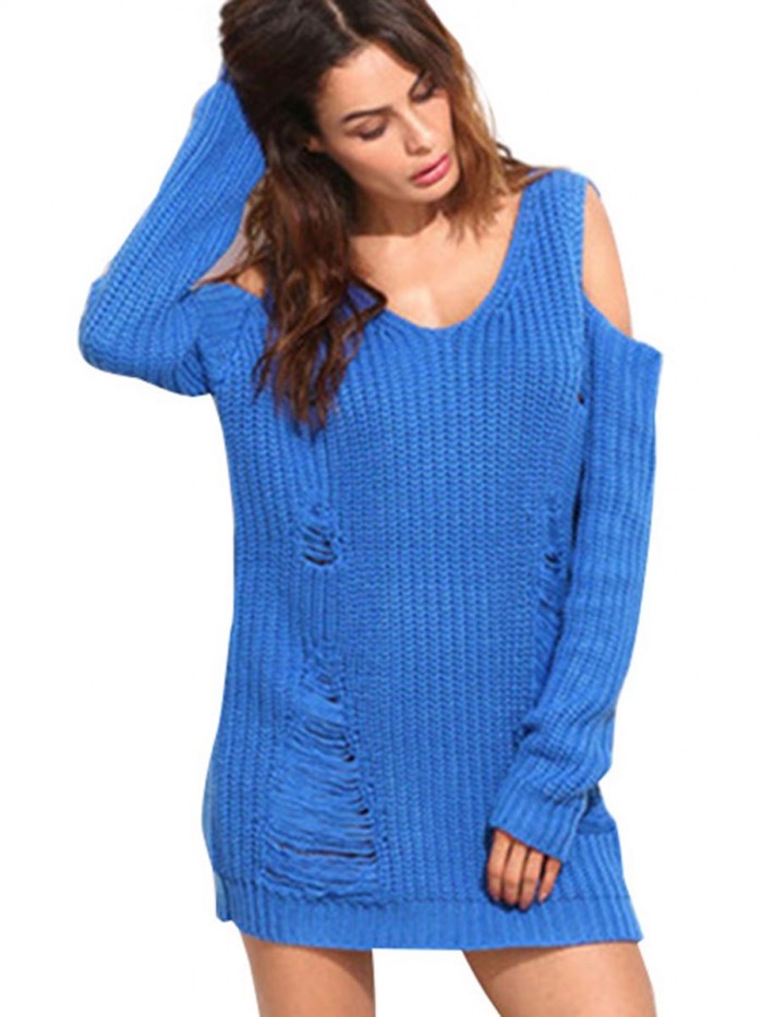 Pure Color Hollowed-Out Cold Shoulder Sweater Dress