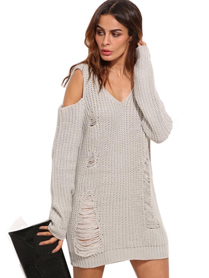 Pure Color Hollowed-Out Cold Shoulder Sweater Dress