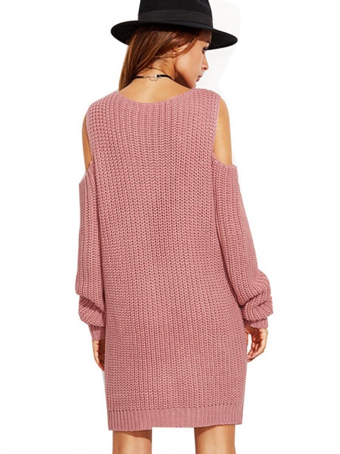 Pure Color Hollowed-Out Cold Shoulder Sweater Dress