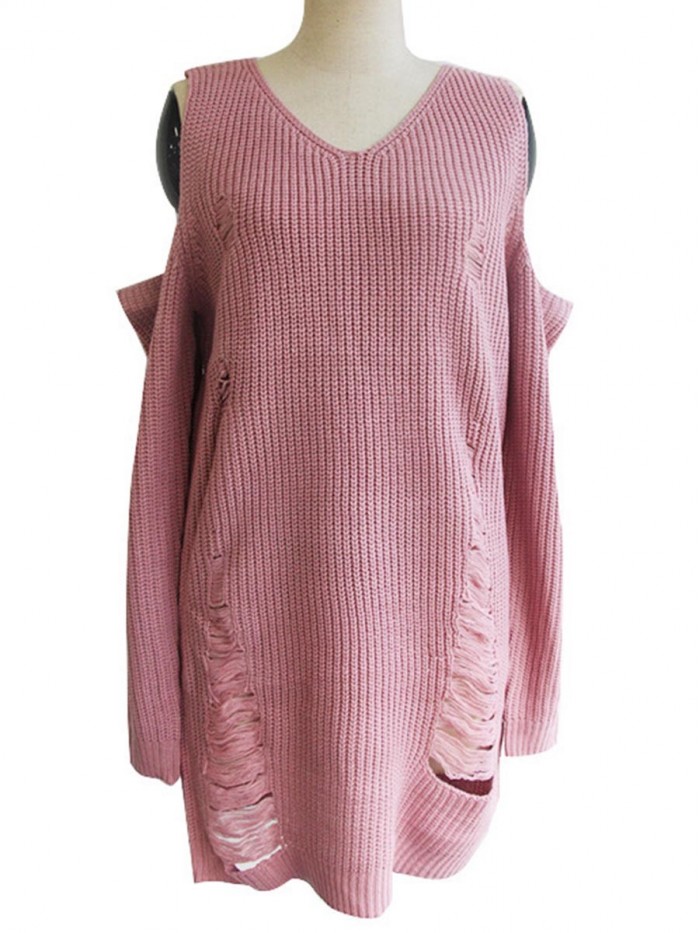 Pure Color Hollowed-Out Cold Shoulder Sweater Dress