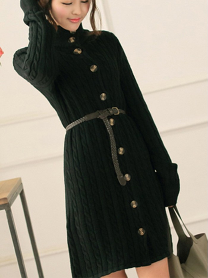 Fashion Pure Color Single-Breasted Belt Sweater Dress