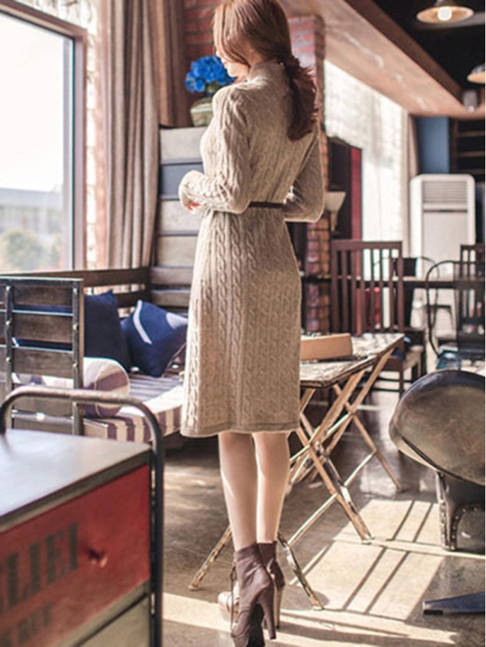 Fashion Pure Color Single-Breasted Belt Sweater Dress