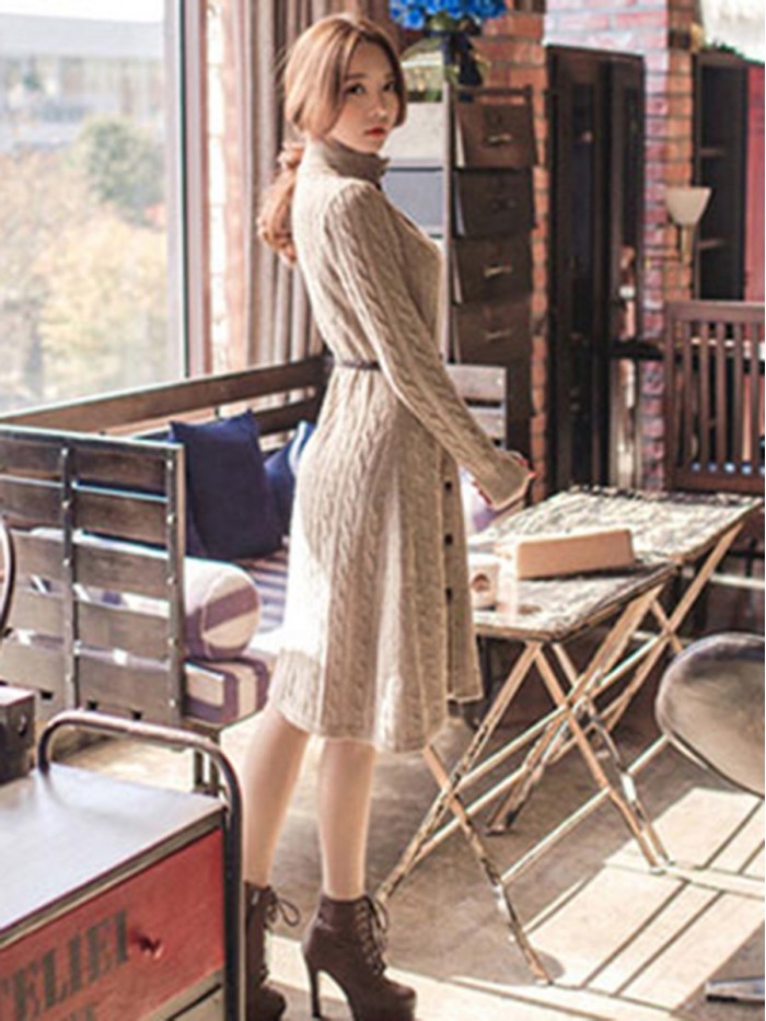 Fashion Pure Color Single-Breasted Belt Sweater Dress