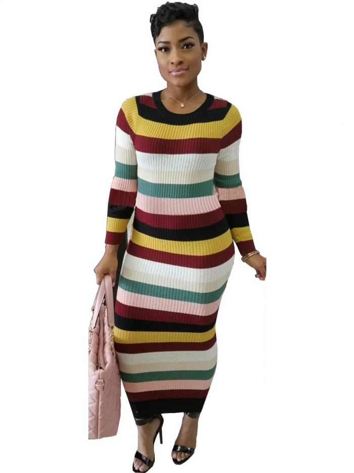 Stripe Slim Long Sleeves Sweater Dress