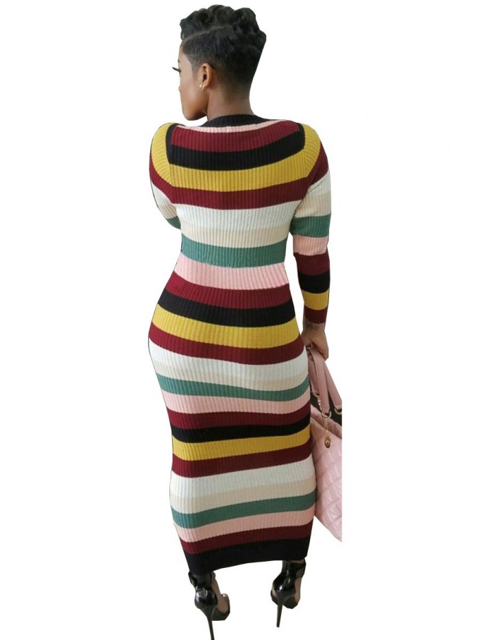 Stripe Slim Long Sleeves Sweater Dress