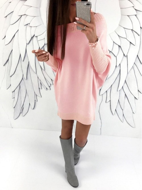 Pink/Black/White Mid-Length Loose Sweater Dress