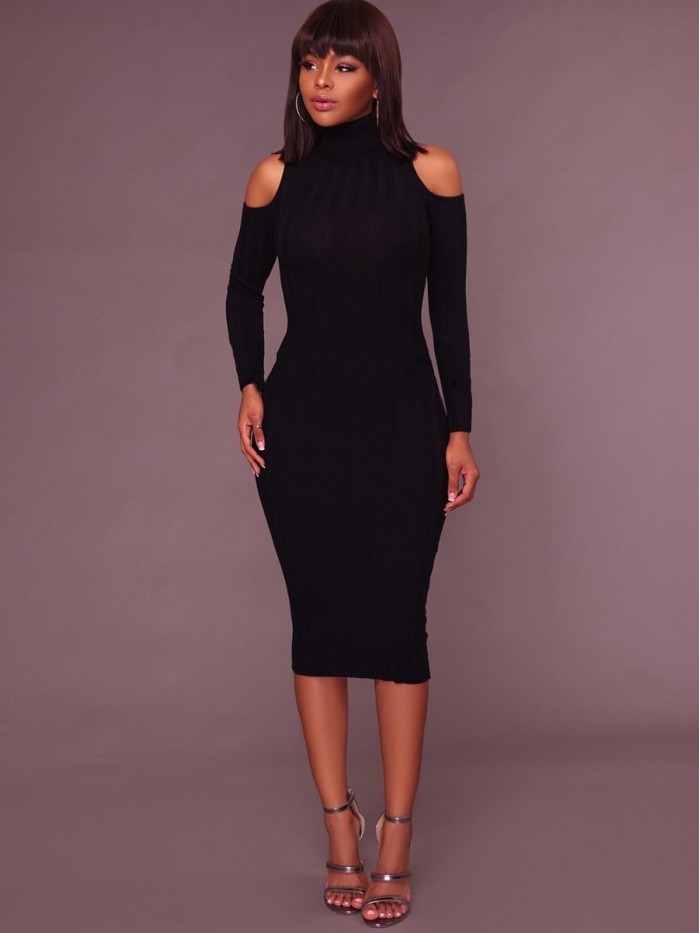 Black/Pink Turtleneck Slim Sweater Dress