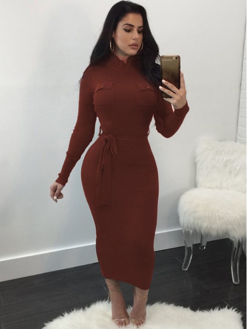 Solid Color Lace-Up Bodycon Pullover Sweater Dress