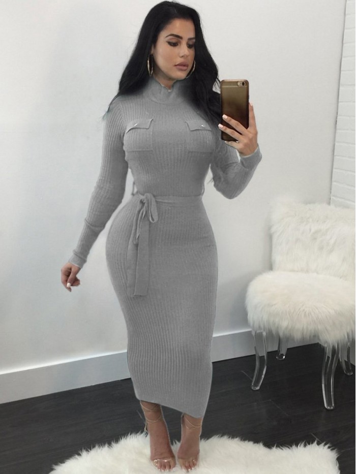 Solid Color Lace-Up Bodycon Pullover Sweater Dress