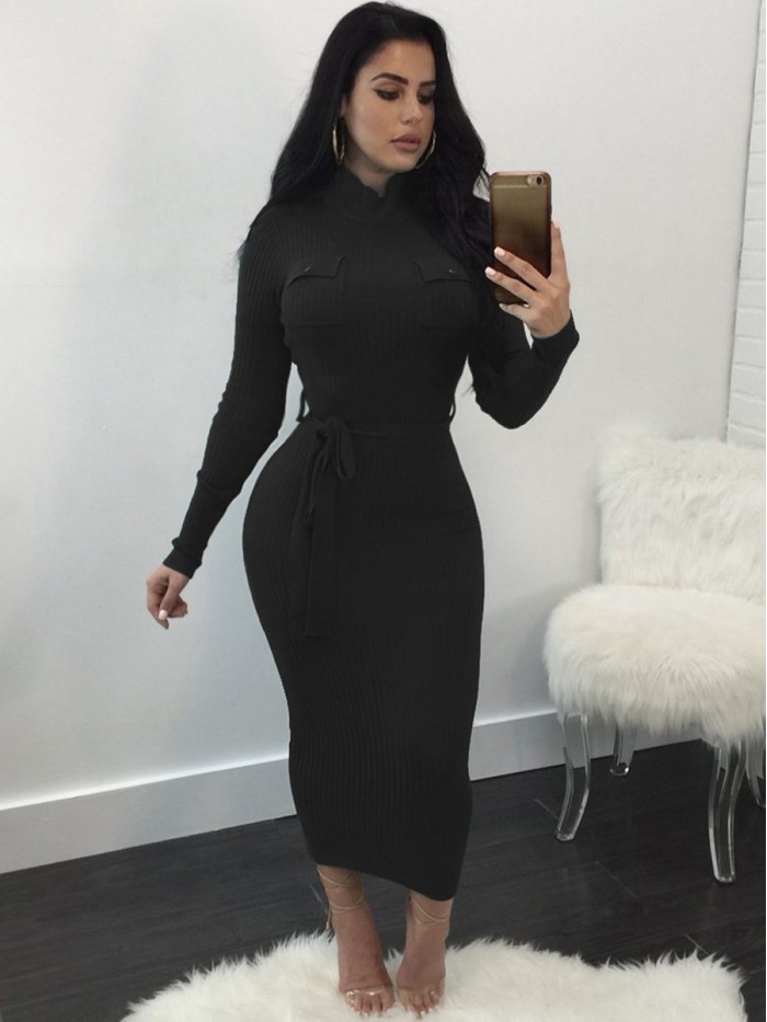 Solid Color Lace-Up Bodycon Pullover Sweater Dress