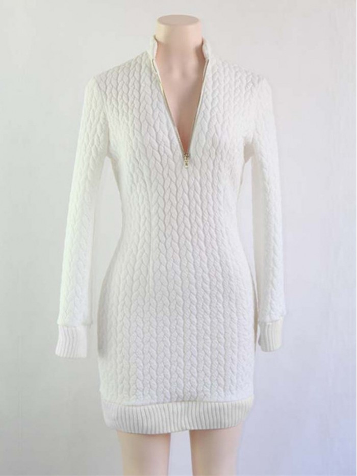 White Zippered V-Neck Sweater