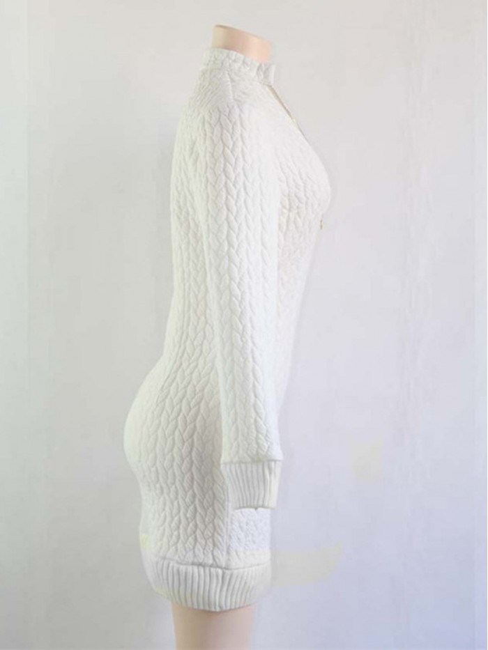 White Zippered V-Neck Sweater