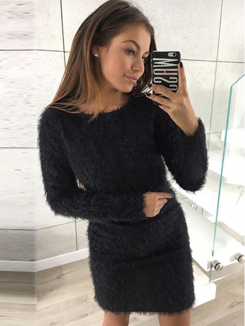 Solid Color Flocking Round Neck Sweater Dress