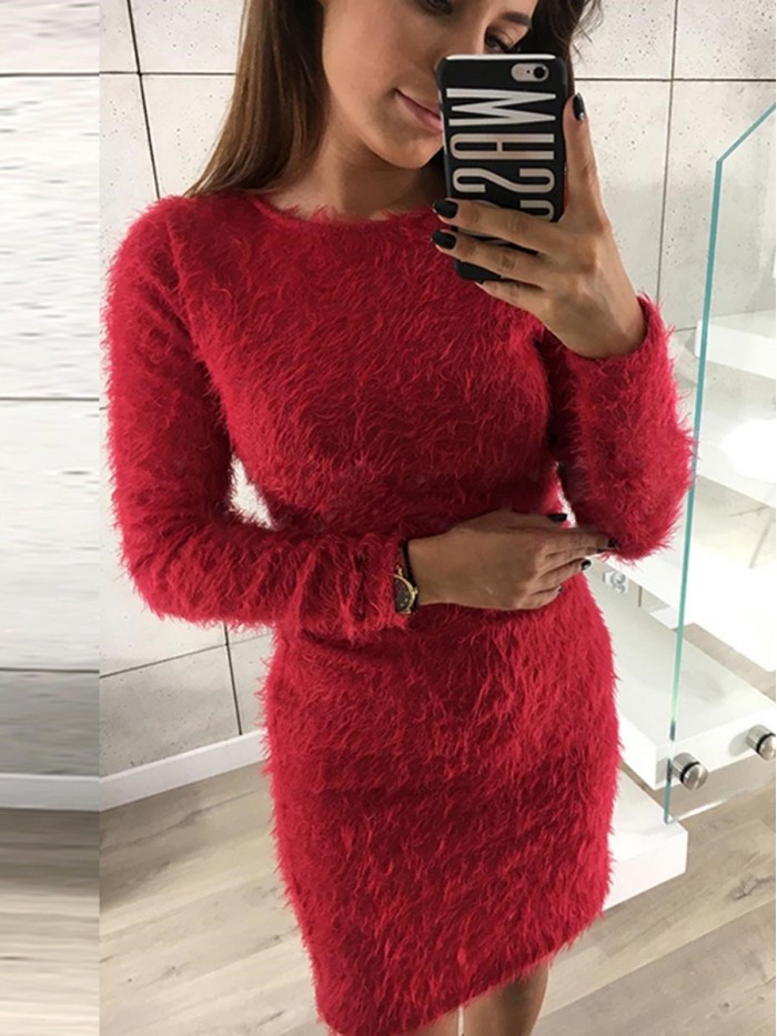 Solid Color Flocking Round Neck Sweater Dress