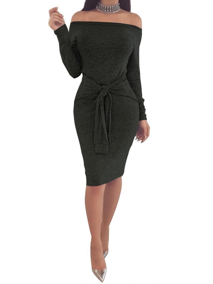 Solid Color Off-The-Shoulder Long-Sleeved Slim Sweater Dress