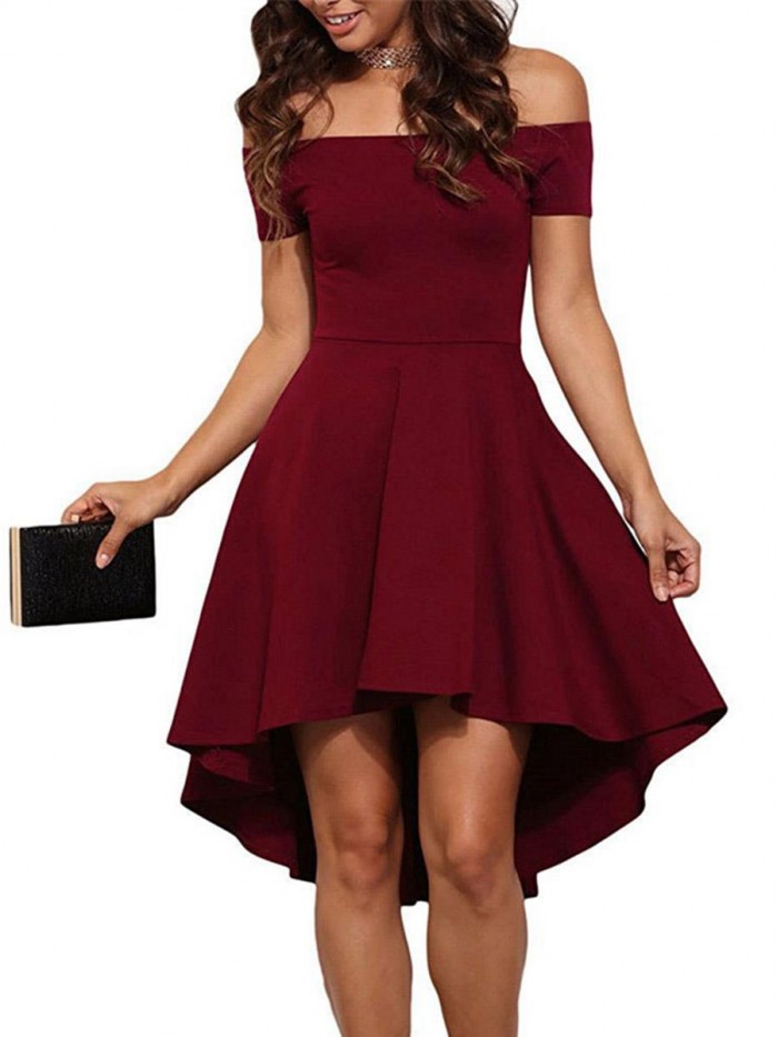 Black/Wine Red High-Waist Off-The-Shoulder Short Sleeves Dress