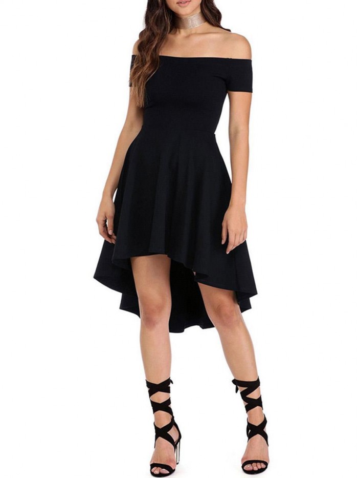 Black/Wine Red High-Waist Off-The-Shoulder Short Sleeves Dress