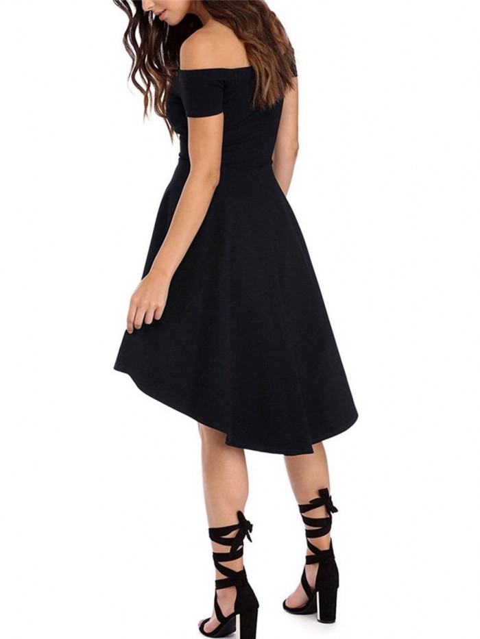 Black/Wine Red High-Waist Off-The-Shoulder Short Sleeves Dress