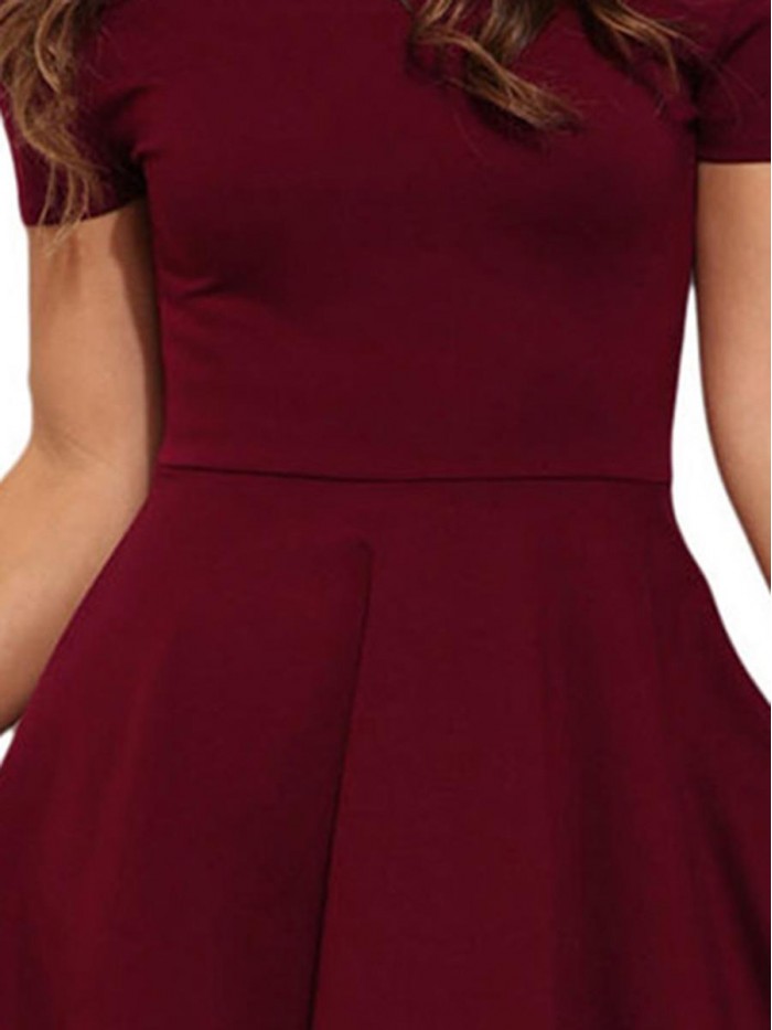 Black/Wine Red High-Waist Off-The-Shoulder Short Sleeves Dress