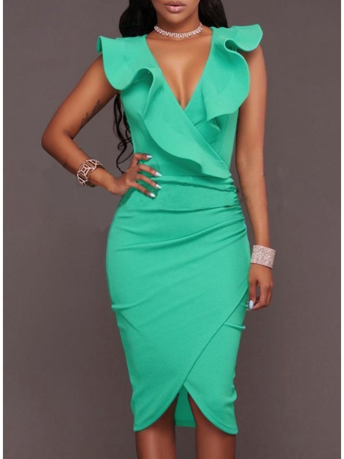 Sexy Solid Color Bodycon Asymmetric Knee-Length Sleeveless V-Neck Dress