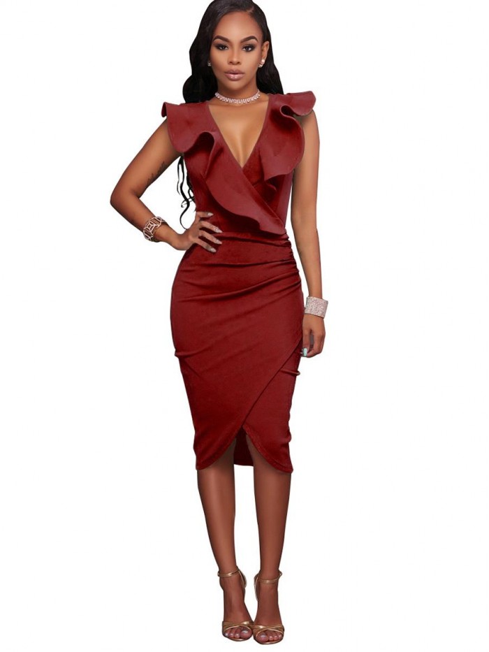 Sexy Solid Color Bodycon Asymmetric Knee-Length Sleeveless V-Neck Dress