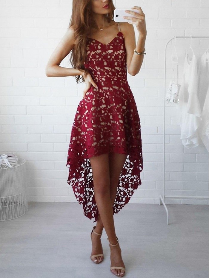 Red/White/Blue Hollowed-Out Strap Lace Sleeveless V-Neck Dress