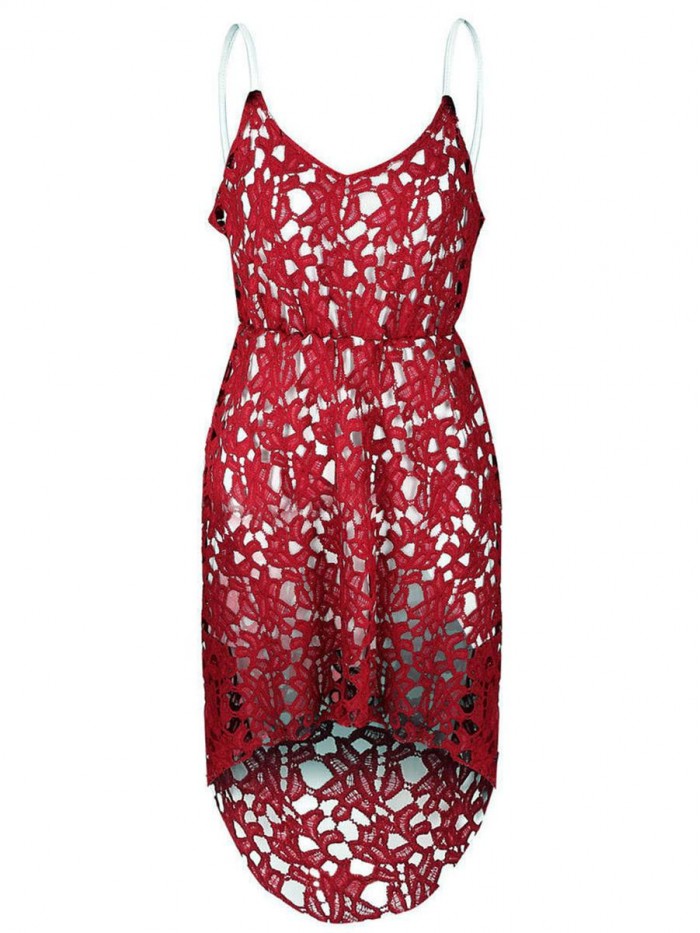 Red/White/Blue Hollowed-Out Strap Lace Sleeveless V-Neck Dress