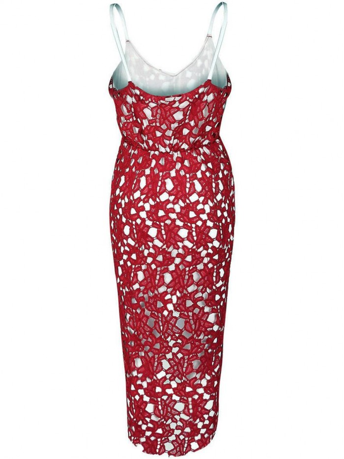 Red/White/Blue Hollowed-Out Strap Lace Sleeveless V-Neck Dress