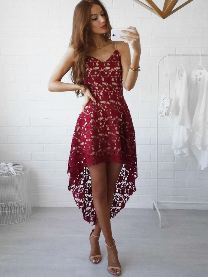 Red/White/Blue Hollowed-Out Strap Lace Sleeveless V-Neck Dress