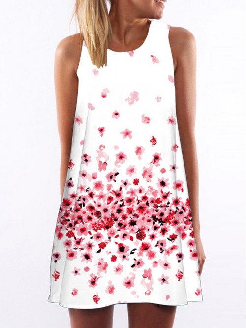 White and Pink Floral Sleeveless Printed A-line Dr...