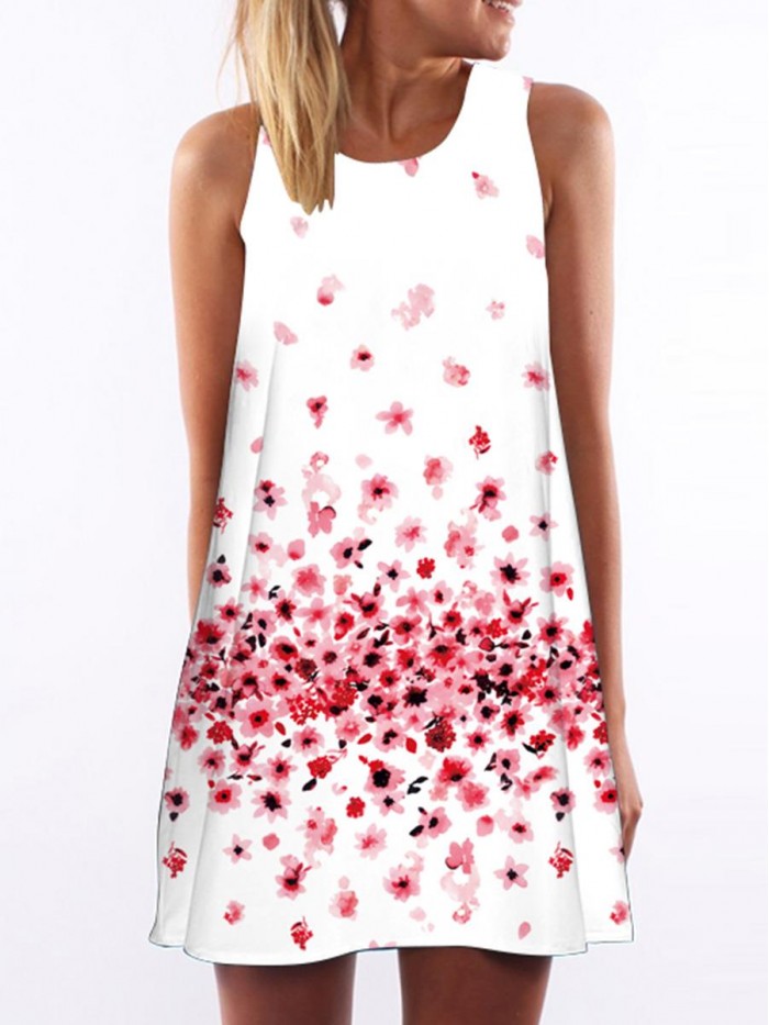 White and Pink Floral Sleeveless Printed A-line Dress