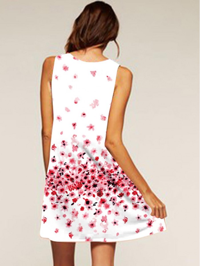 White and Pink Floral Sleeveless Printed A-line Dress