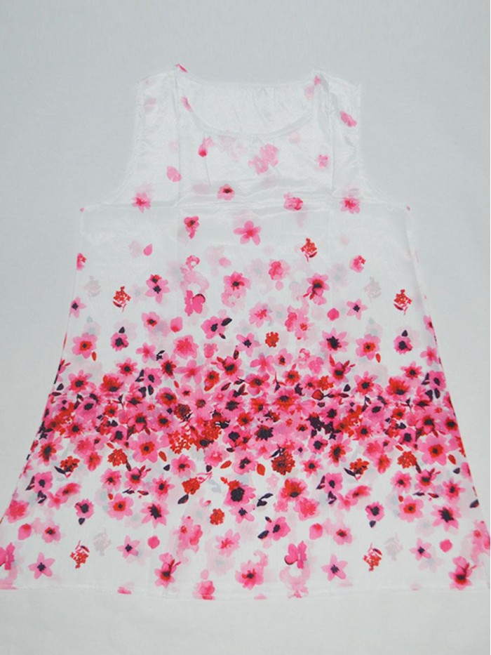 White and Pink Floral Sleeveless Printed A-line Dress