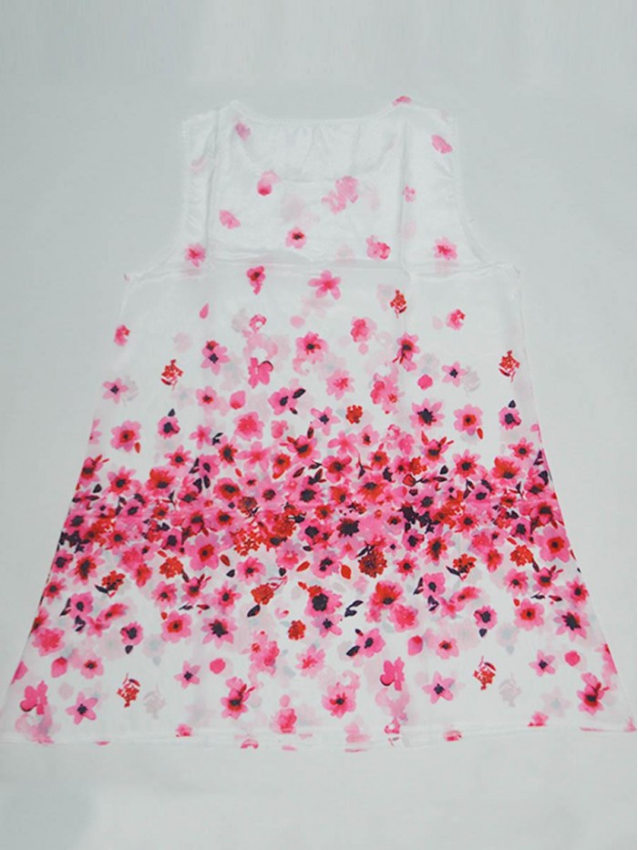 White and Pink Floral Sleeveless Printed A-line Dress