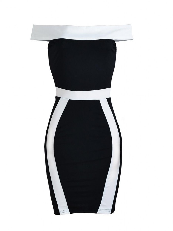 Vintage Black and white Sleeveless Backless Slash Neck Dress