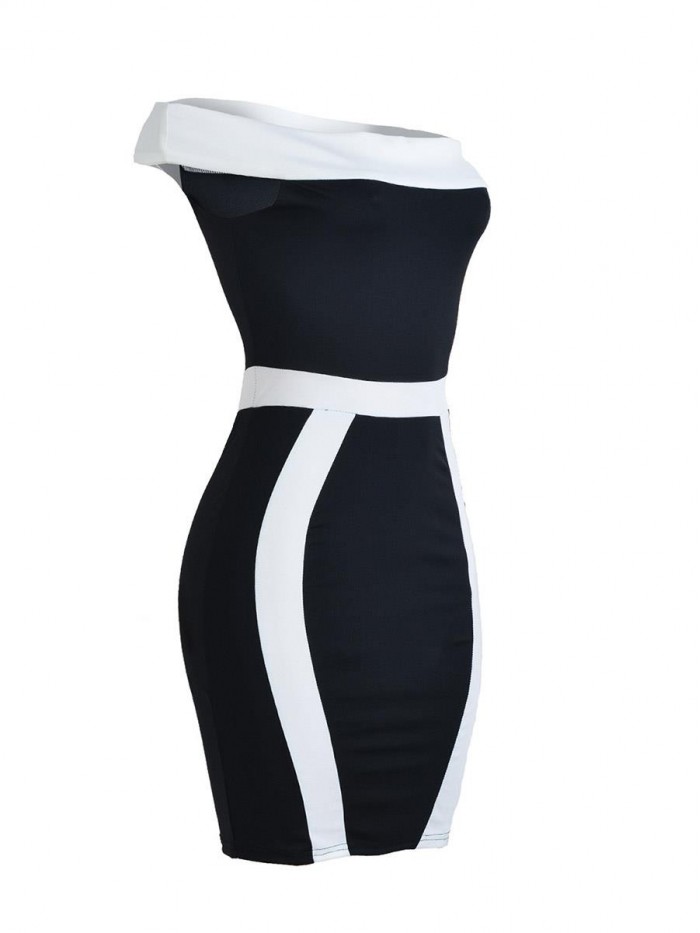 Vintage Black and white Sleeveless Backless Slash Neck Dress