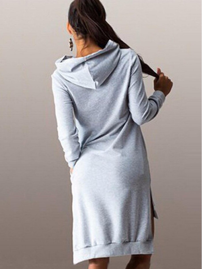 Fashion Solid Color Hooded Asymmetrical Long Sleeve Patchwork Dress