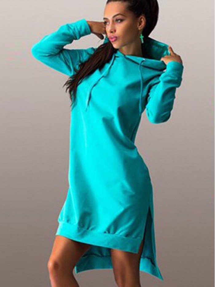 Fashion Solid Color Hooded Asymmetrical Long Sleeve Patchwork Dress