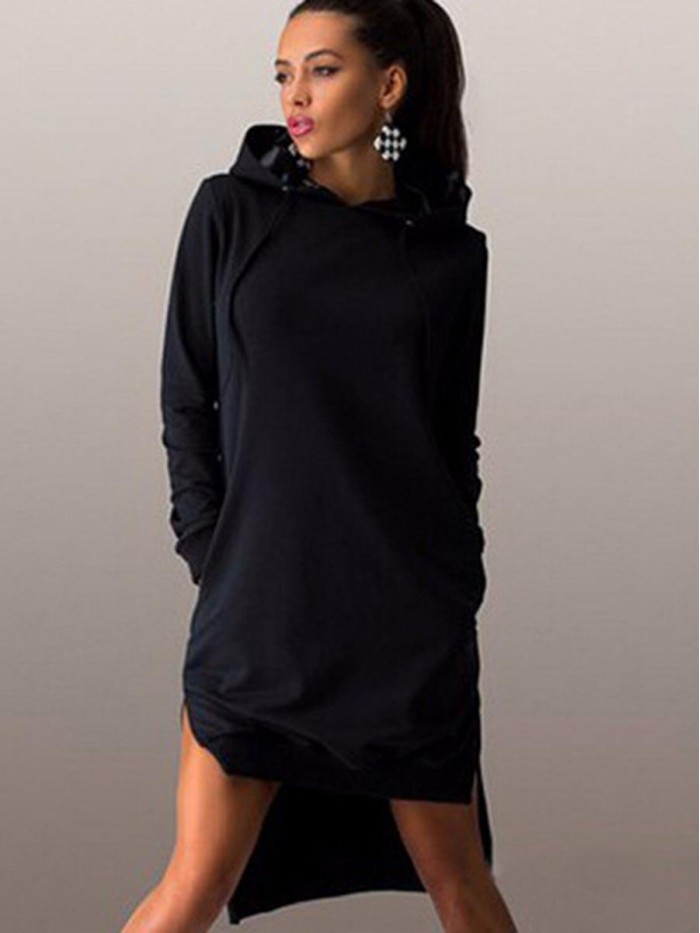 Fashion Solid Color Hooded Asymmetrical Long Sleeve Patchwork Dress