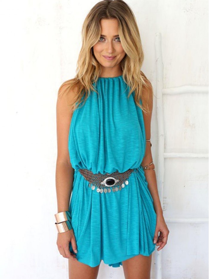 Solid-Color Round Neck  Sleeveless High-Waist Blouses